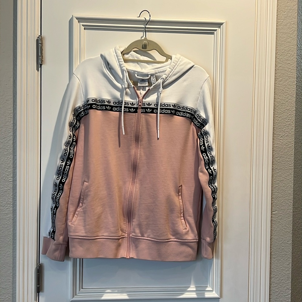 EUC Adidas Originals Tape Track Hoodie . Size XL. Color is pink/white